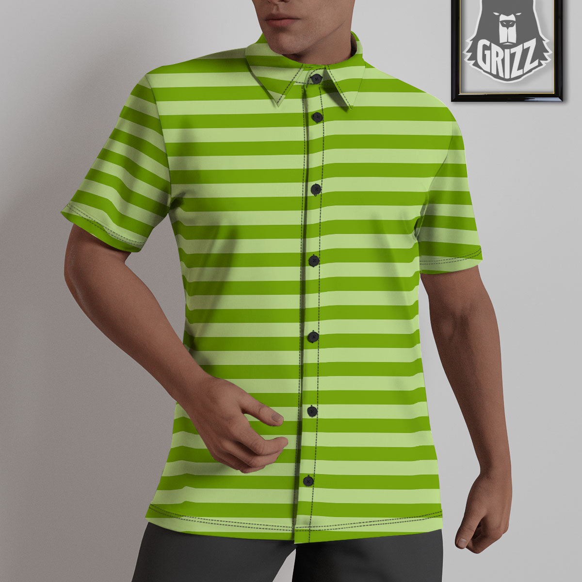 Striped Green Print Pattern Untucked Shirts-grizzshop