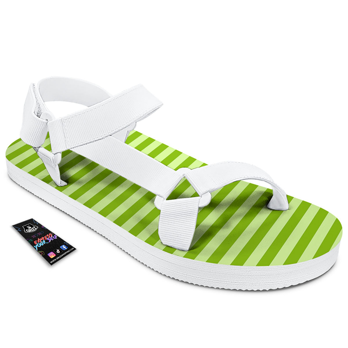 Striped Green Print Pattern White Open Toe Sandals-grizzshop