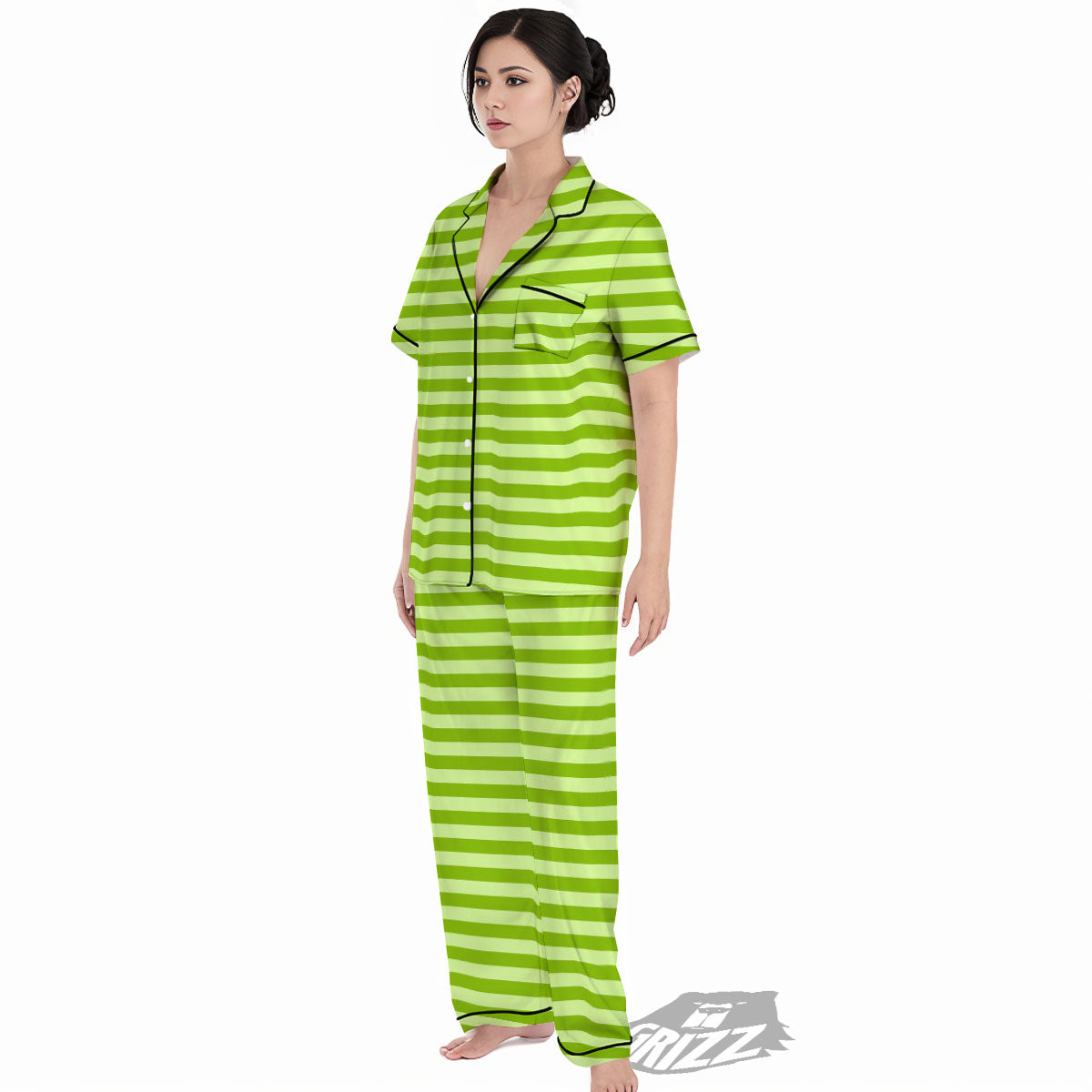 Striped Green Print Pattern Women's Pajamas Set-grizzshop