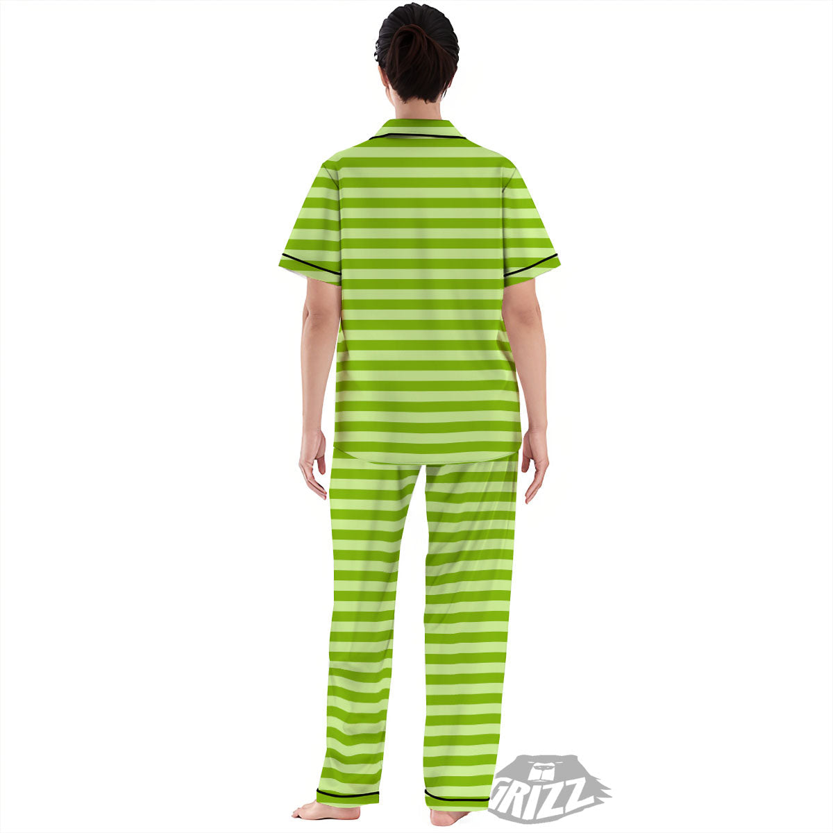 Striped Green Print Pattern Women's Pajamas Set-grizzshop