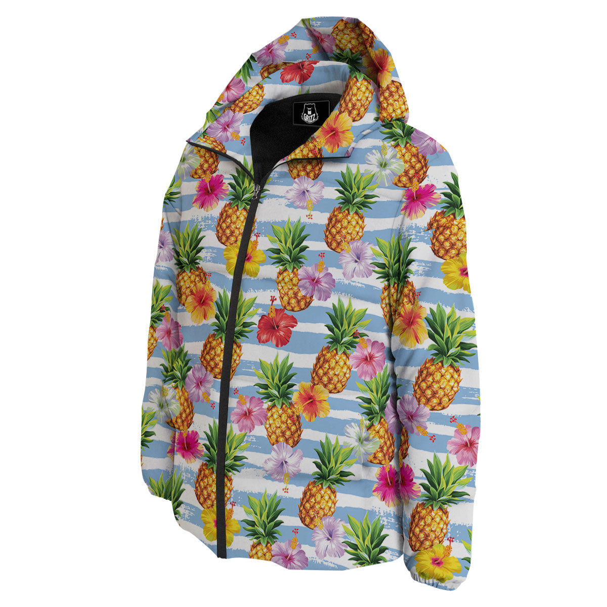 Striped Hibiscus And Pineapple Print Down Jacket-grizzshop
