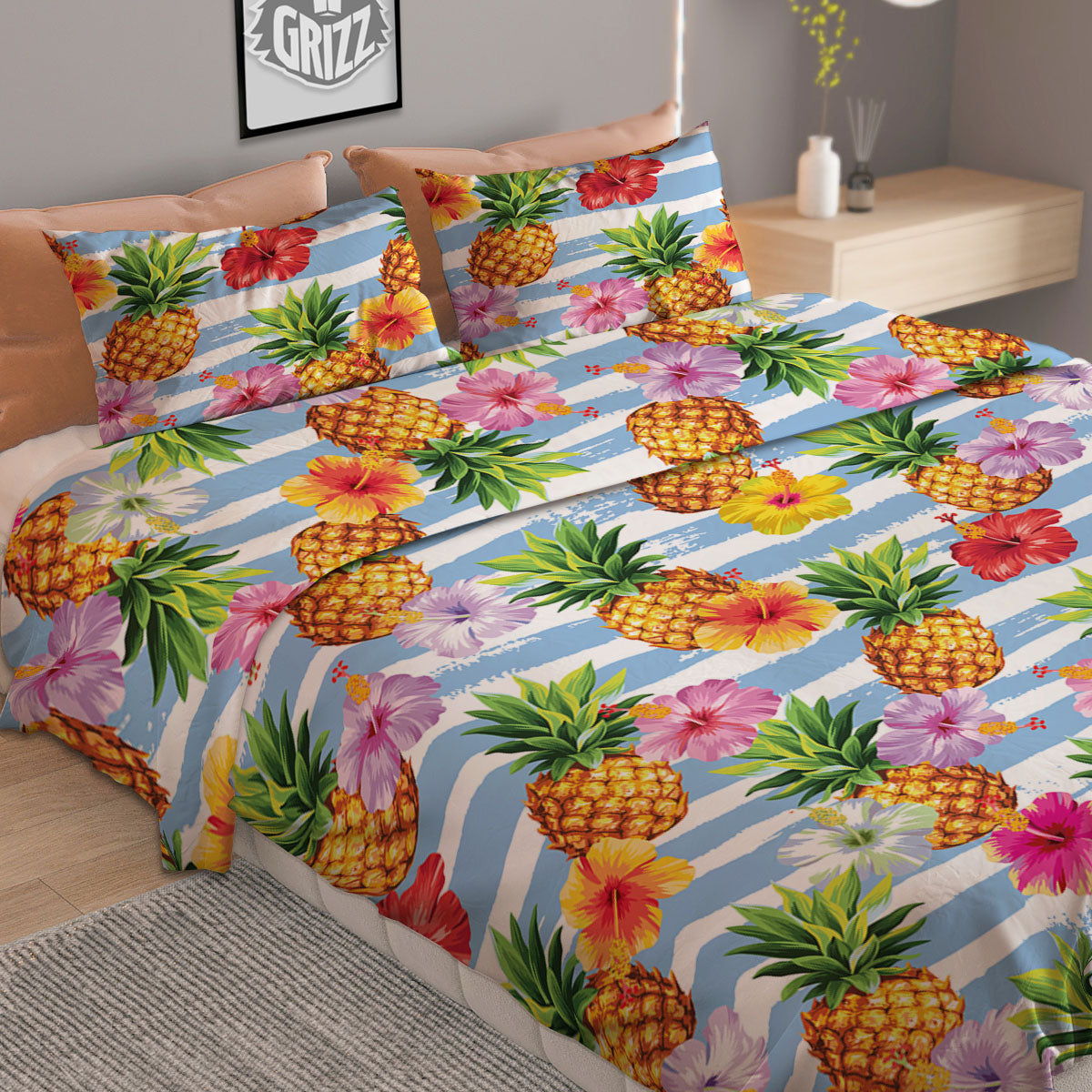 Striped Hibiscus And Pineapple Print Duvet Cover Bedding Set