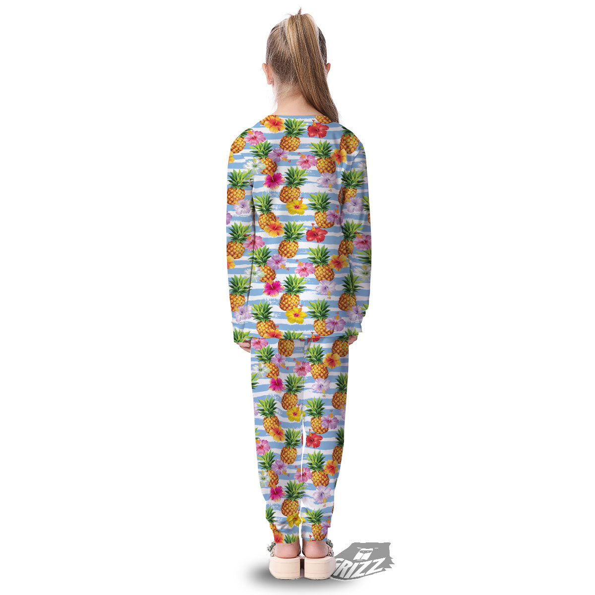 Striped Hibiscus And Pineapple Print Kid's Pajamas-grizzshop