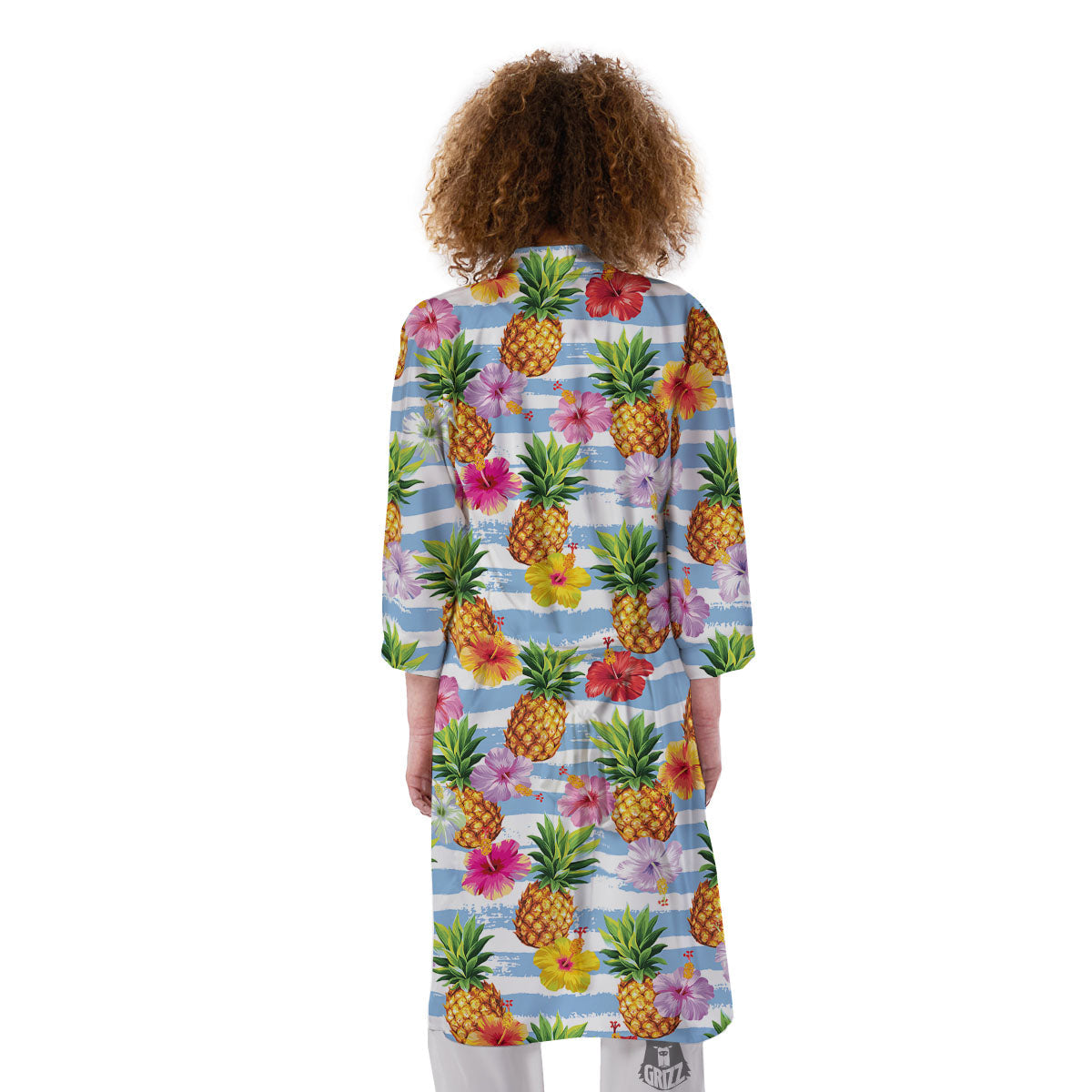 Striped Hibiscus And Pineapple Print Kimono-grizzshop