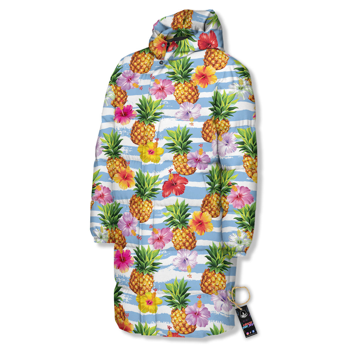 Striped Hibiscus And Pineapple Print Long Down Jacket-grizzshop