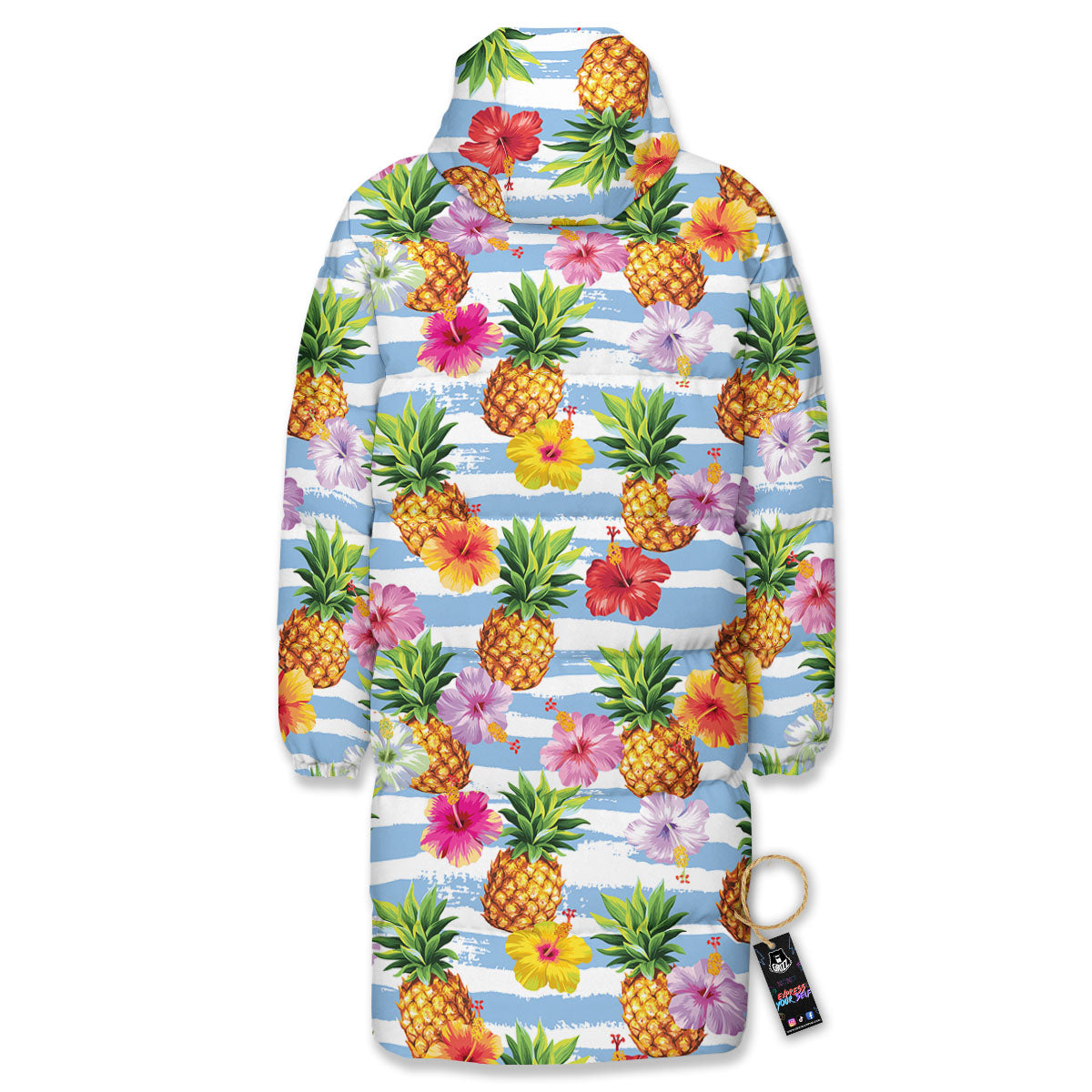 Striped Hibiscus And Pineapple Print Long Down Jacket-grizzshop