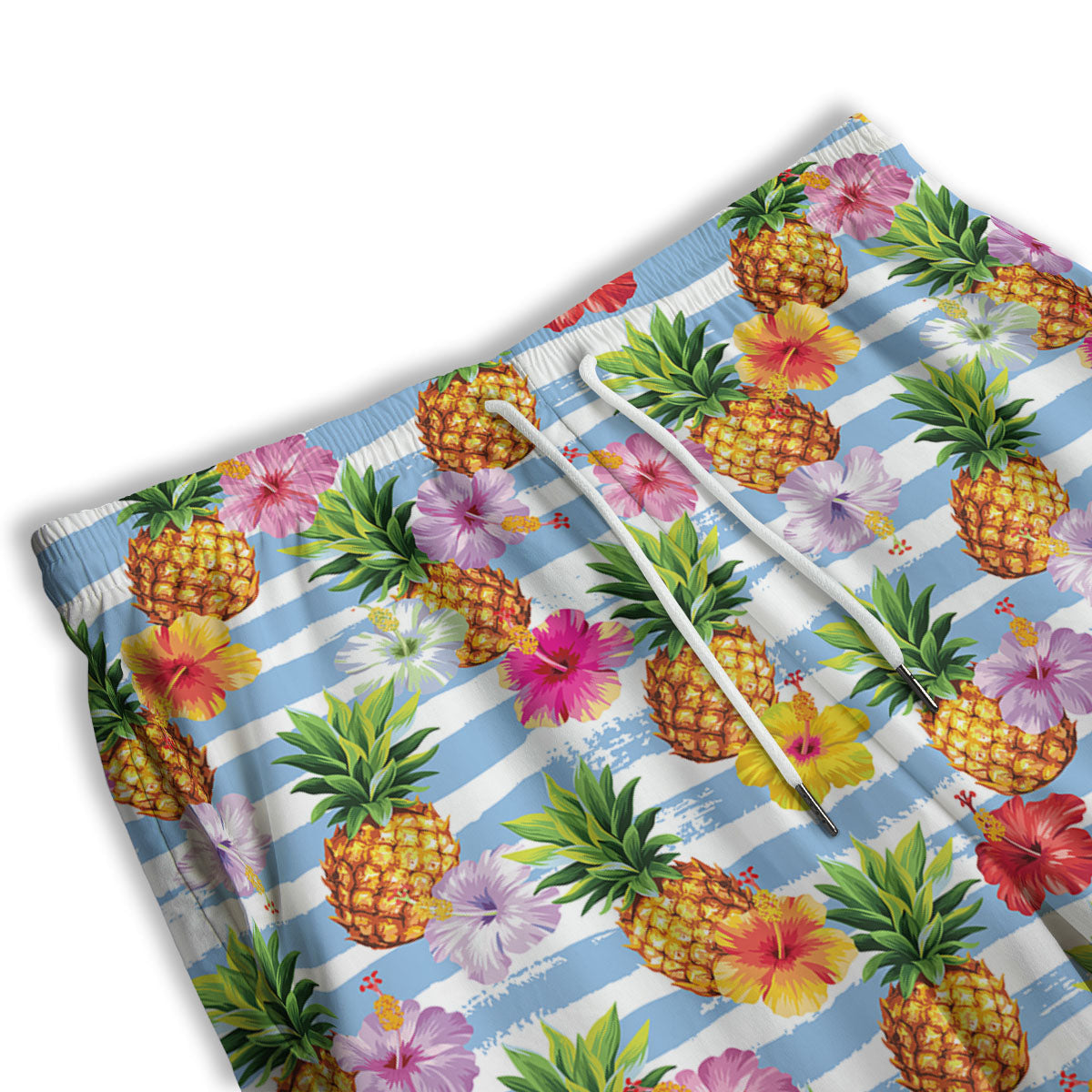 Striped Hibiscus And Pineapple Print Men's Athletic Shorts