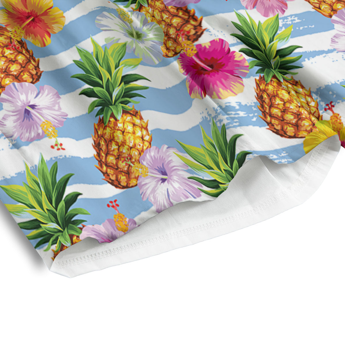 Striped Hibiscus And Pineapple Print Men's Athletic Shorts