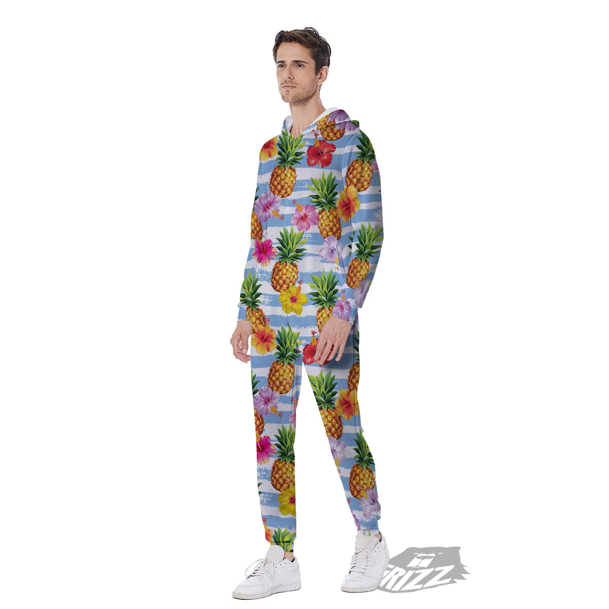Striped Hibiscus And Pineapple Print Men's Jumpsuit-grizzshop