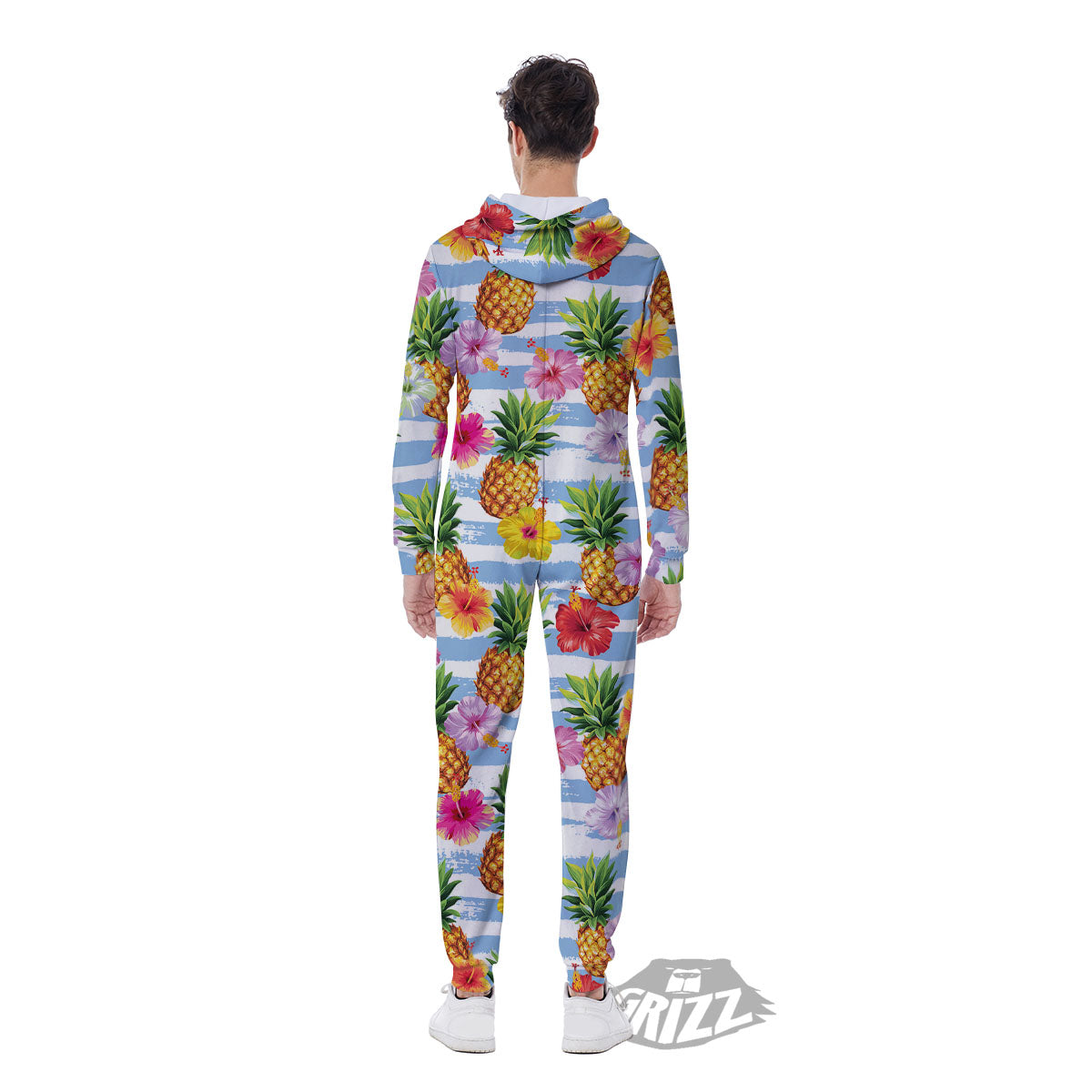 Striped Hibiscus And Pineapple Print Men's Jumpsuit-grizzshop