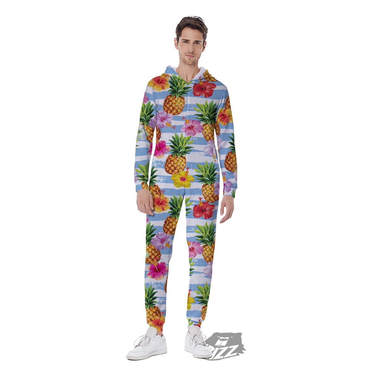 Striped Hibiscus And Pineapple Print Men's Jumpsuit-grizzshop