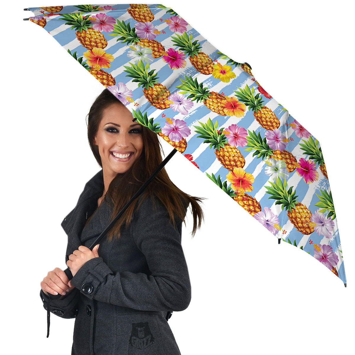 Striped Hibiscus And Pineapple Print Umbrella-grizzshop