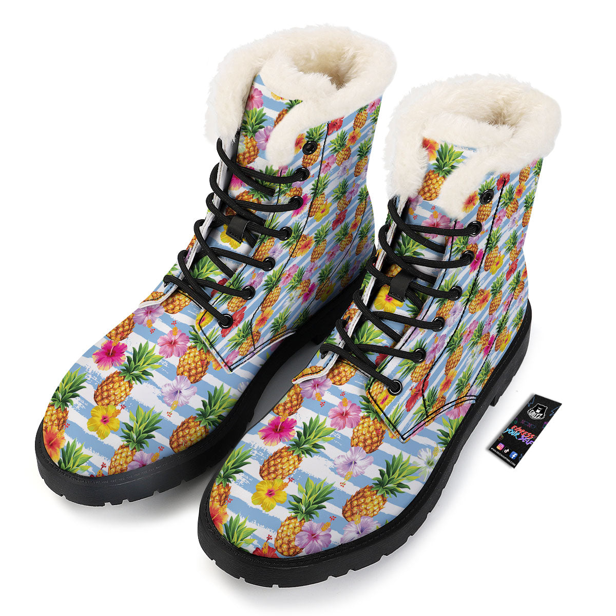 Striped Hibiscus And Pineapple Print Winter Boots-grizzshop