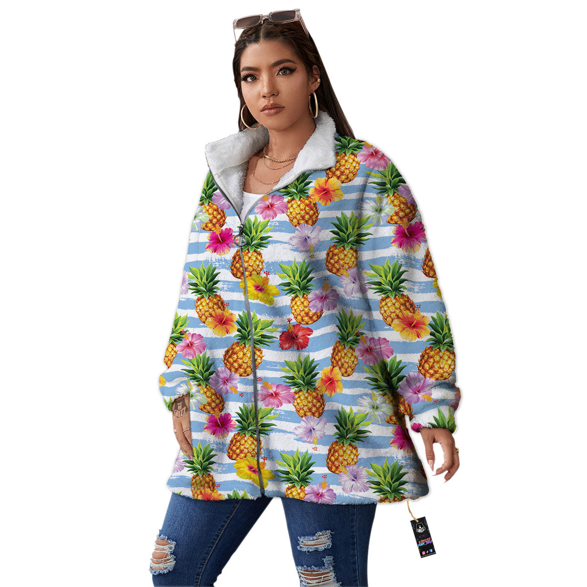 Striped Hibiscus And Pineapple Print Women's Sherpa Jacket-grizzshop