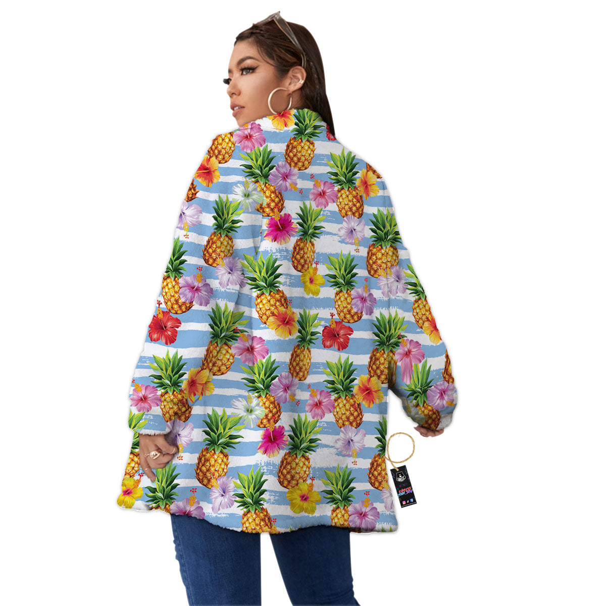 Striped Hibiscus And Pineapple Print Women's Sherpa Jacket-grizzshop