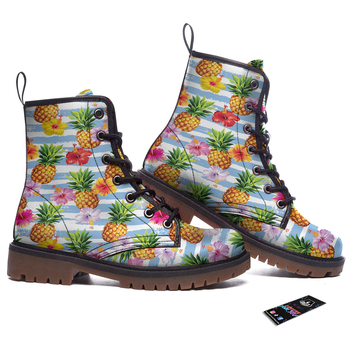 Striped Hibiscus And Pineapple Print Work Boots-grizzshop