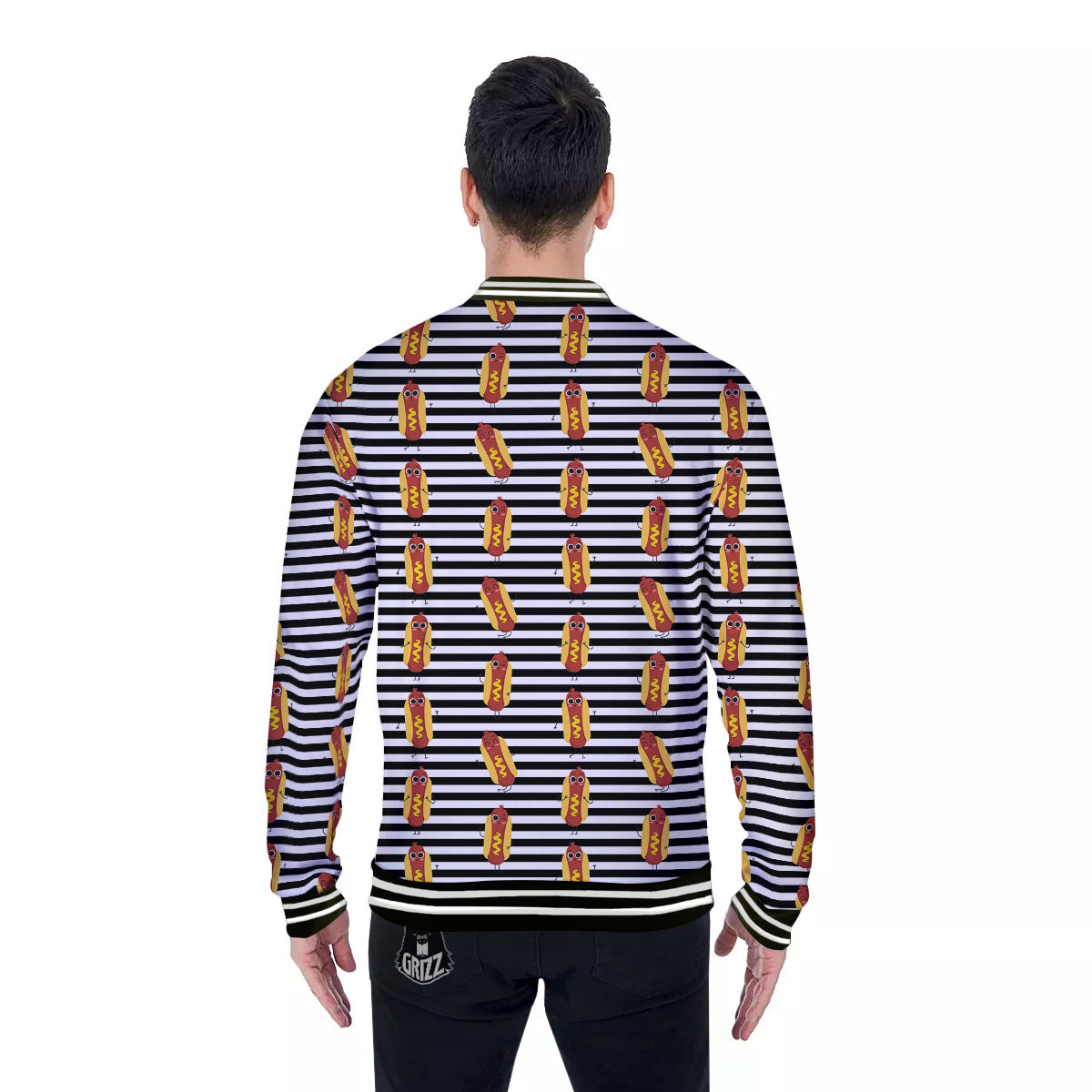 Striped Hot Dog Print Pattern Baseball Jacket-grizzshop