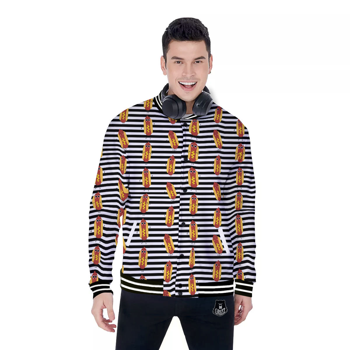 Striped Hot Dog Print Pattern Baseball Jacket-grizzshop