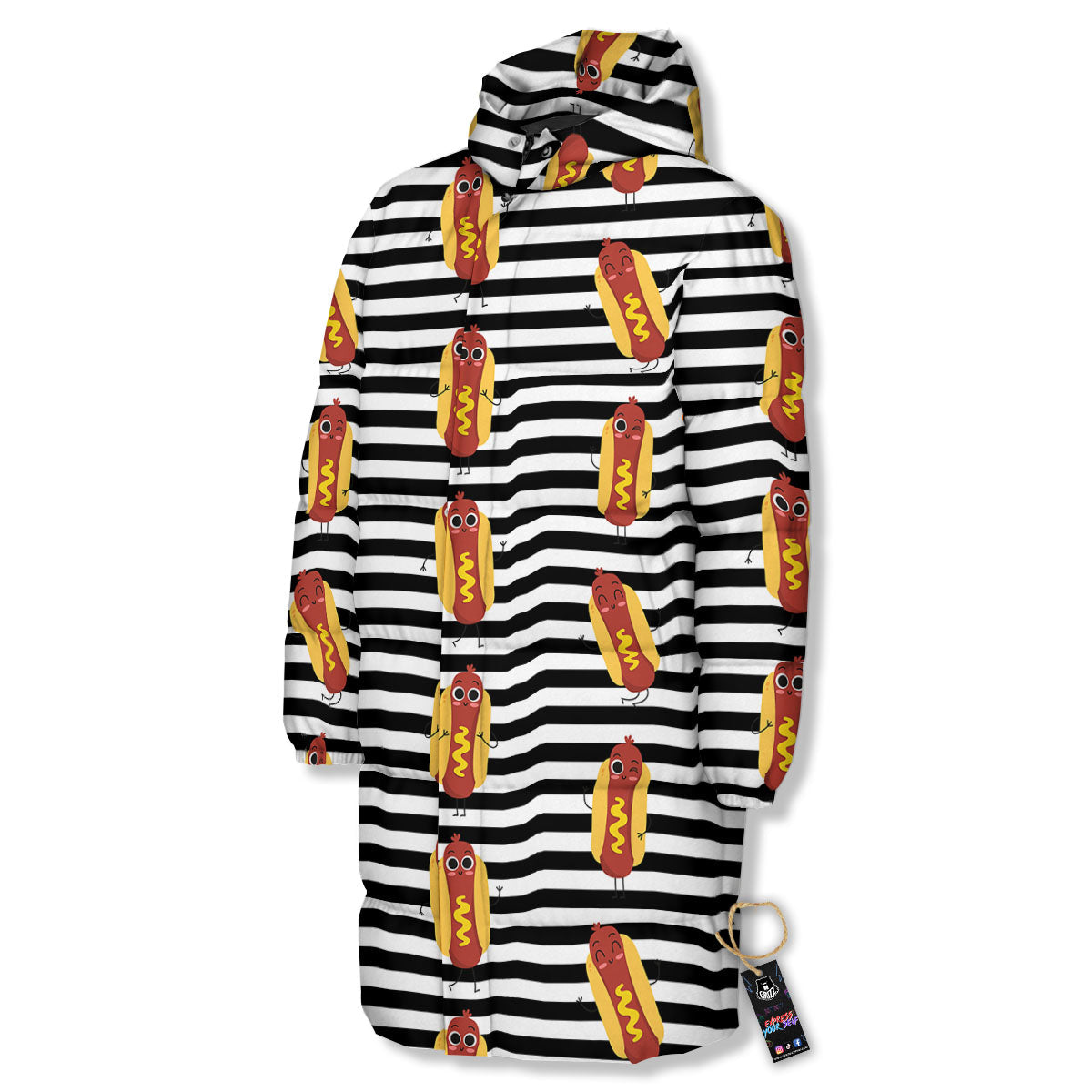 Striped Hot Dog Print Pattern Long Down Jacket-grizzshop