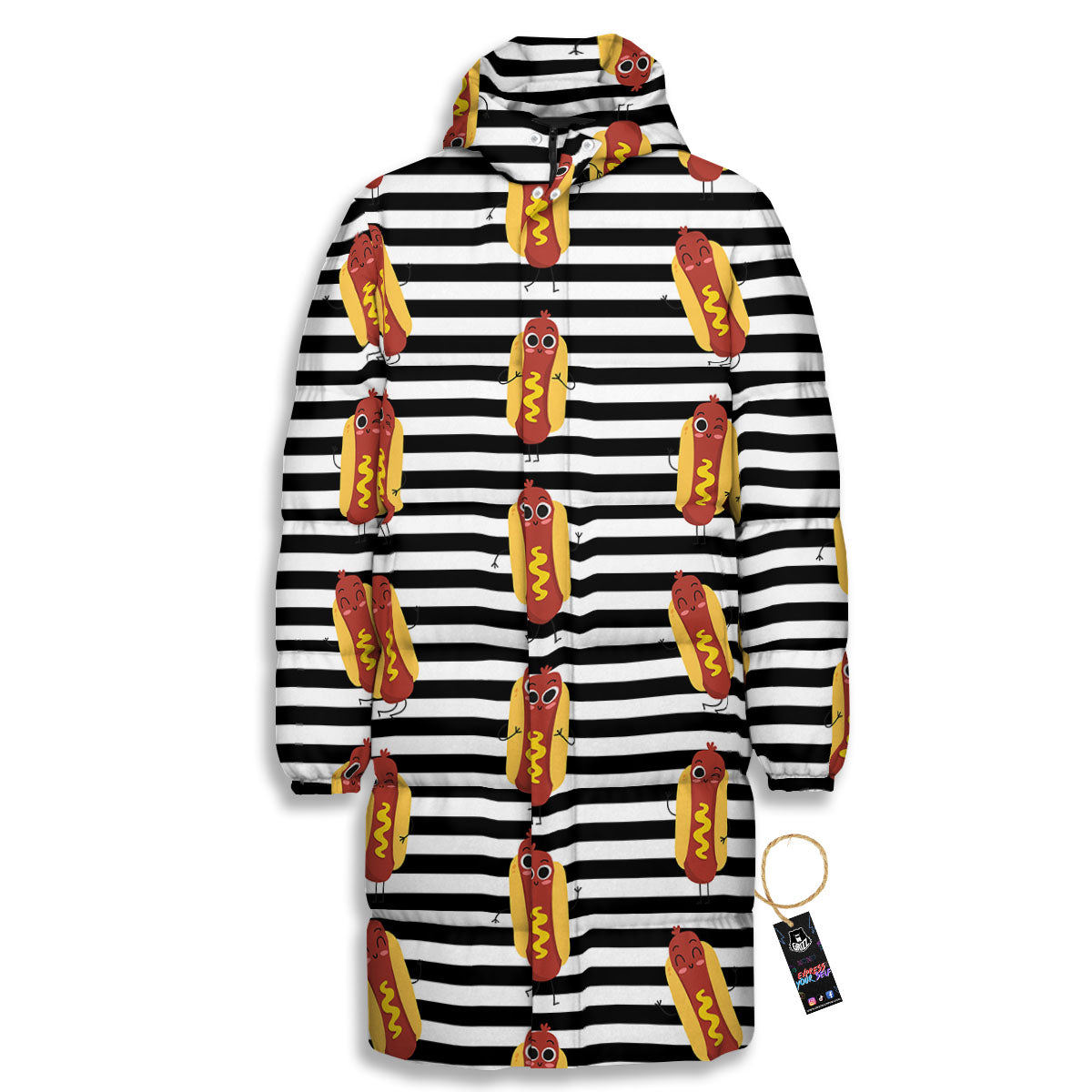 Striped Hot Dog Print Pattern Long Down Jacket-grizzshop