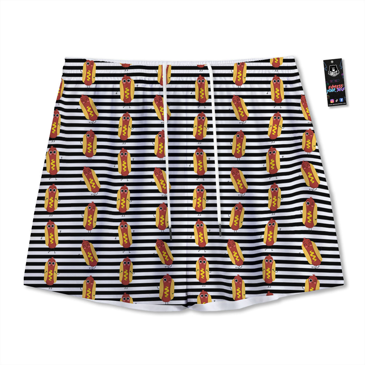 Striped Hot Dog Print Pattern Mesh Shorts