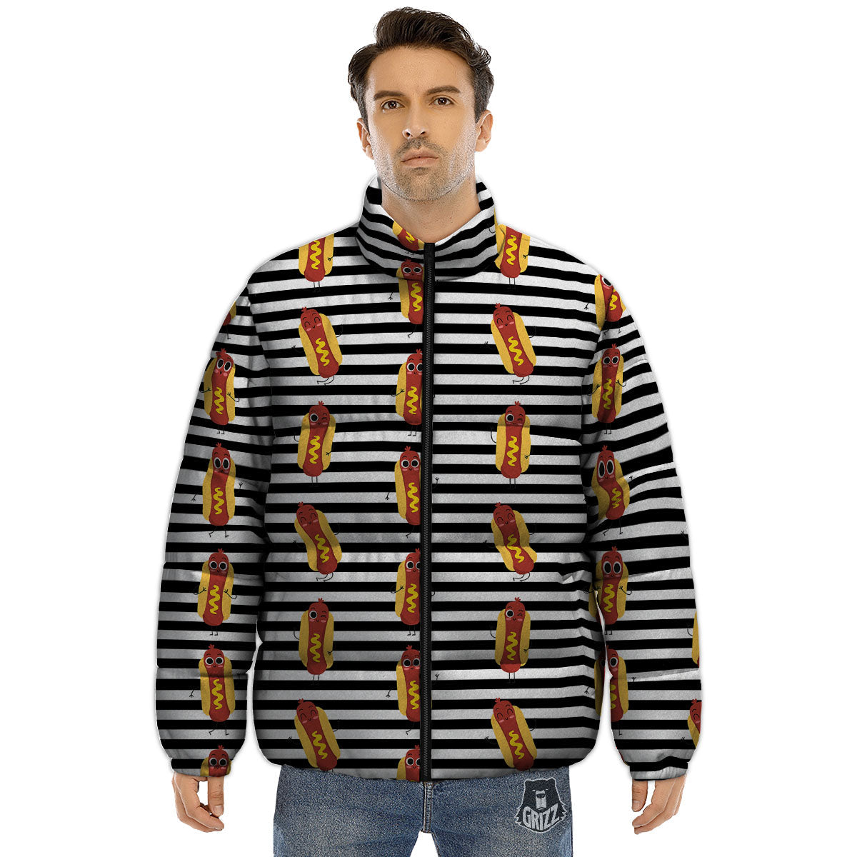 Striped Hot Dog Print Pattern Puffer Jacket-grizzshop