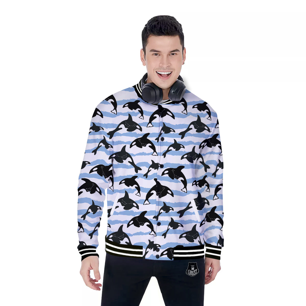 Striped Killer Whale Blue Print Pattern Baseball Jacket-grizzshop