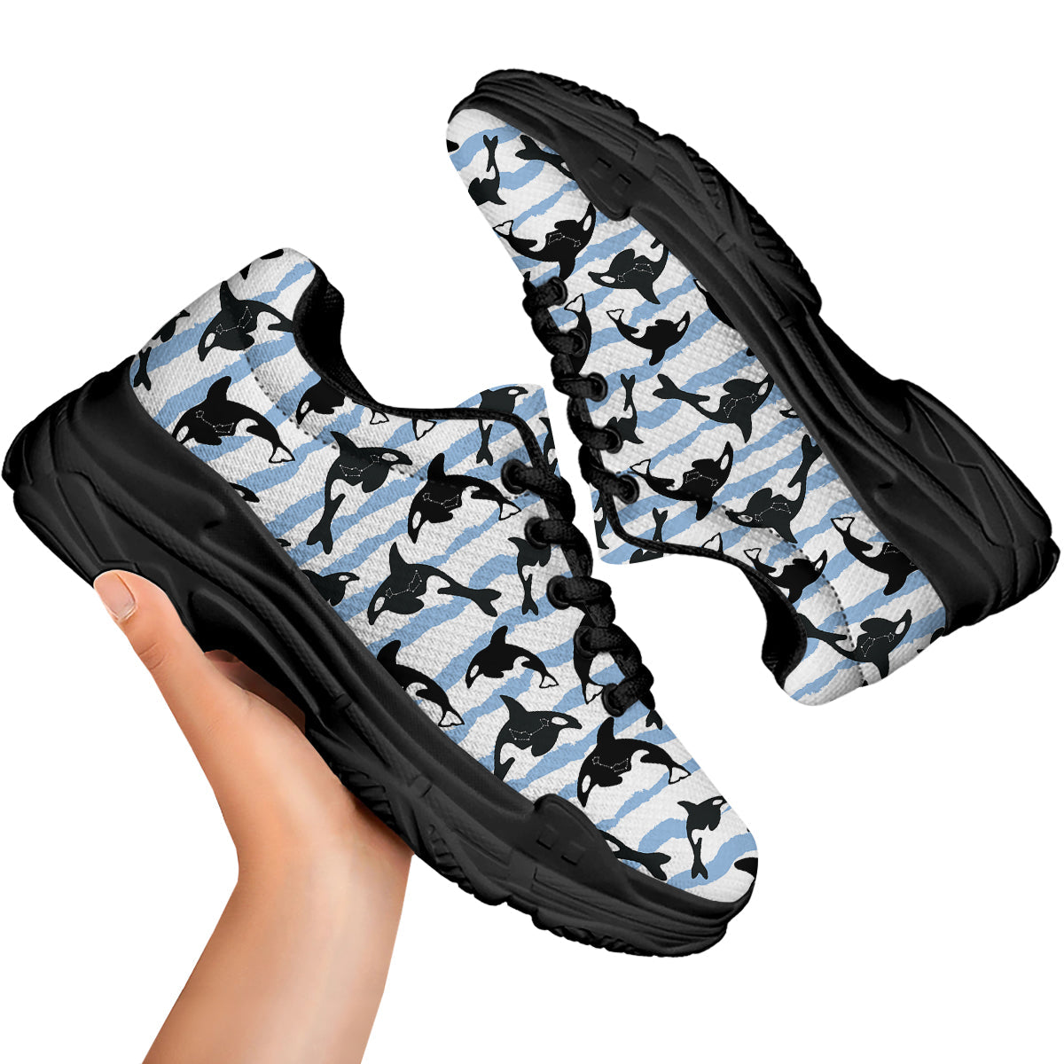 Striped Killer Whale Blue Print Pattern Black Chunky Shoes-grizzshop