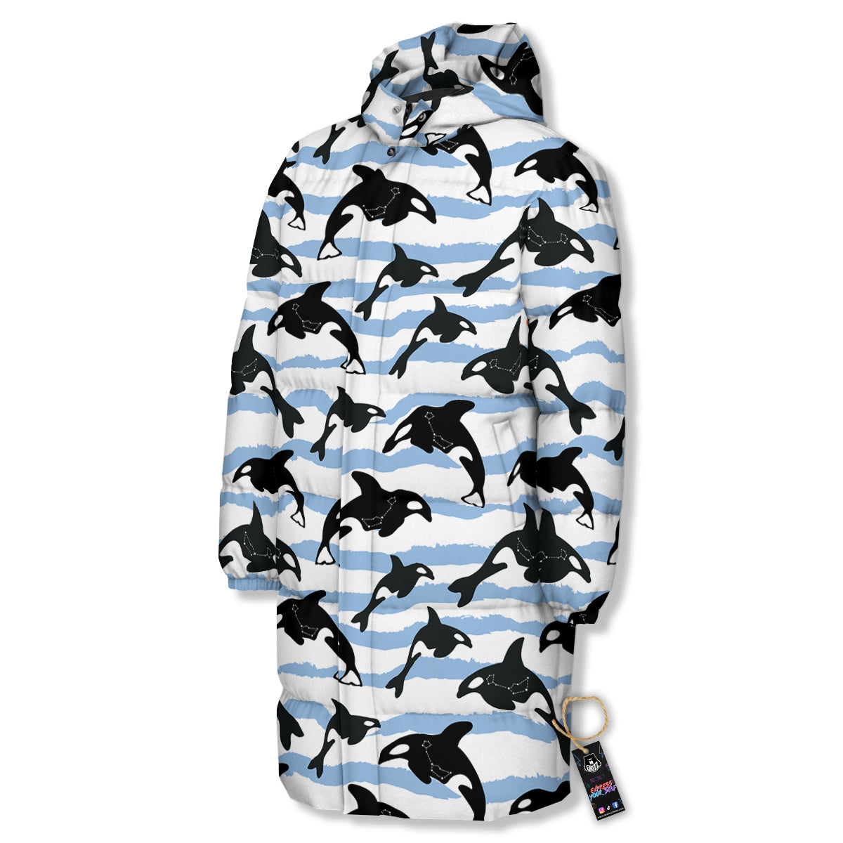 Striped Killer Whale Blue Print Pattern Long Down Jacket-grizzshop