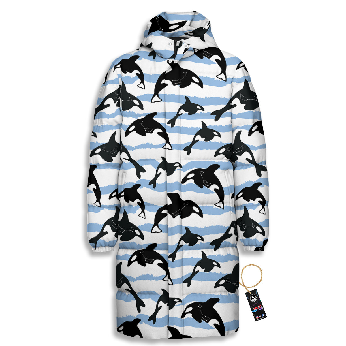 Striped Killer Whale Blue Print Pattern Long Down Jacket-grizzshop