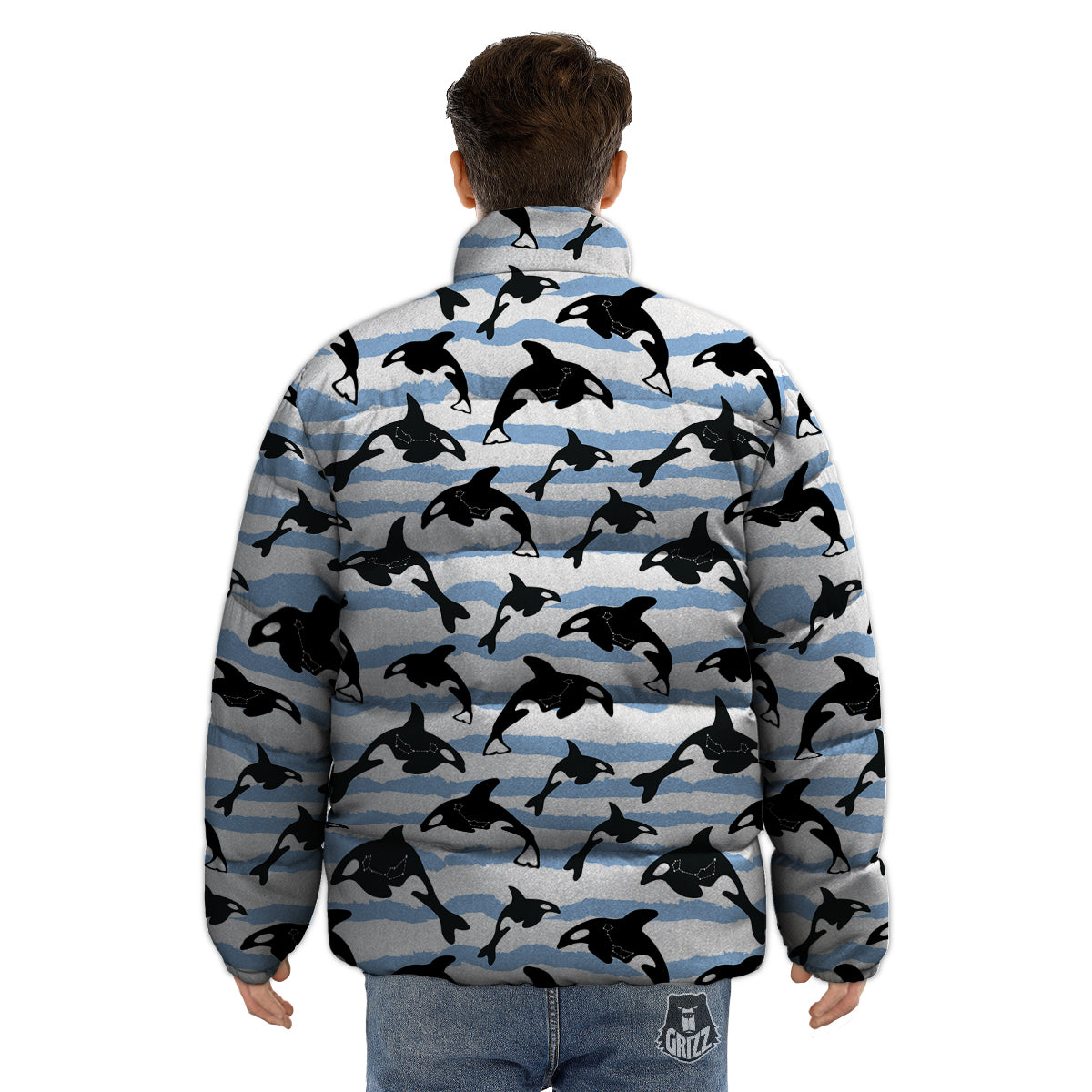 Striped Killer Whale Blue Print Pattern Puffer Jacket-grizzshop