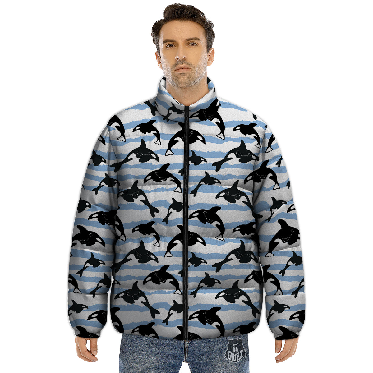Striped Killer Whale Blue Print Pattern Puffer Jacket-grizzshop