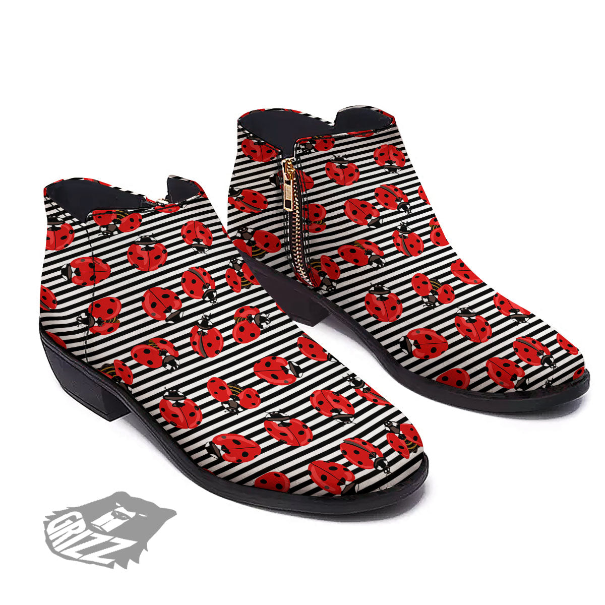 Striped Ladybug Print Pattern Ankle Boots-grizzshop