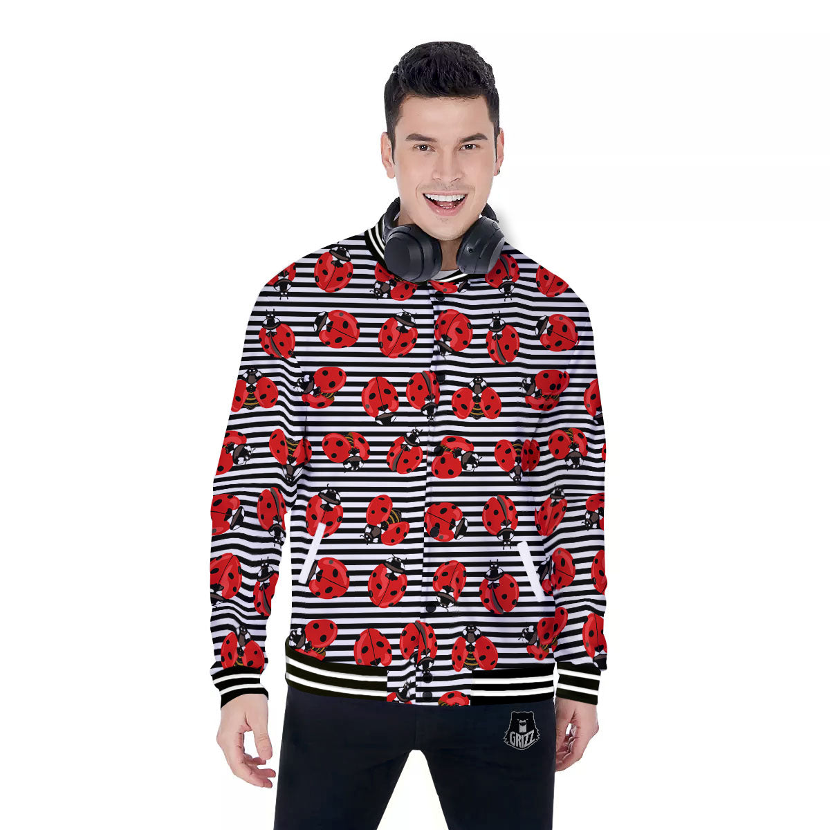 Striped Ladybug Print Pattern Baseball Jacket-grizzshop