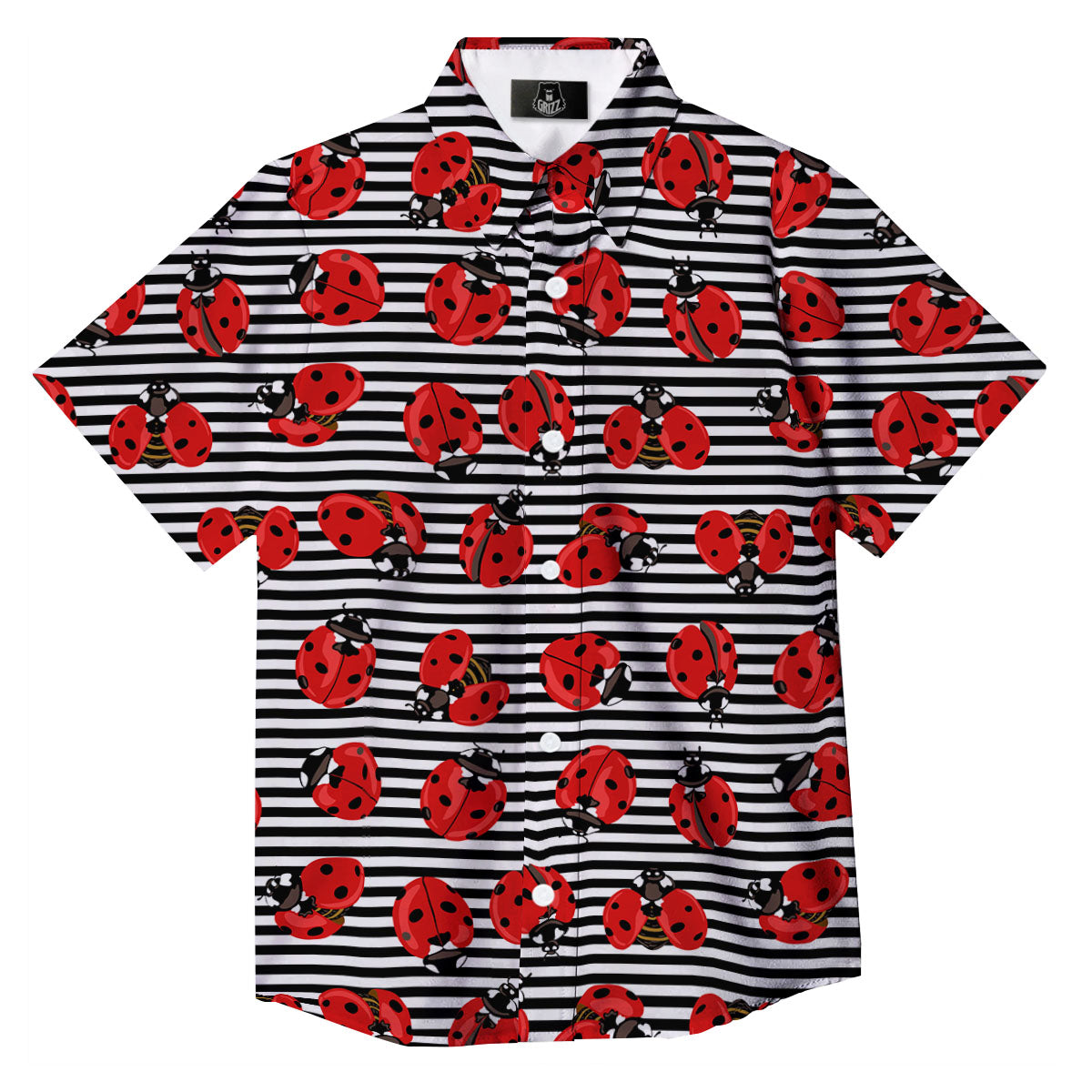 Striped Ladybug Print Pattern Button Up Shirt-grizzshop