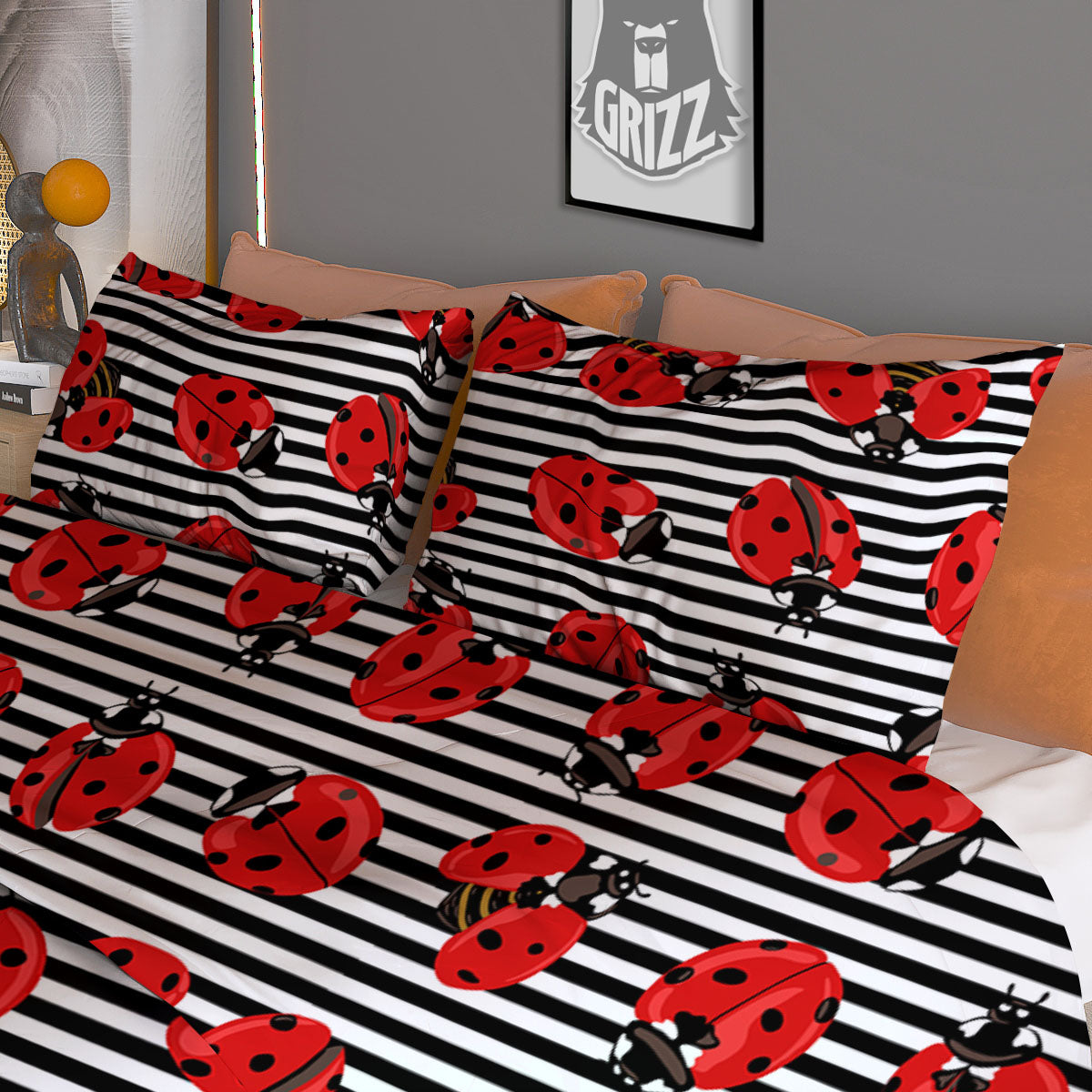 Striped Ladybug Print Pattern Duvet Cover Bedding Set
