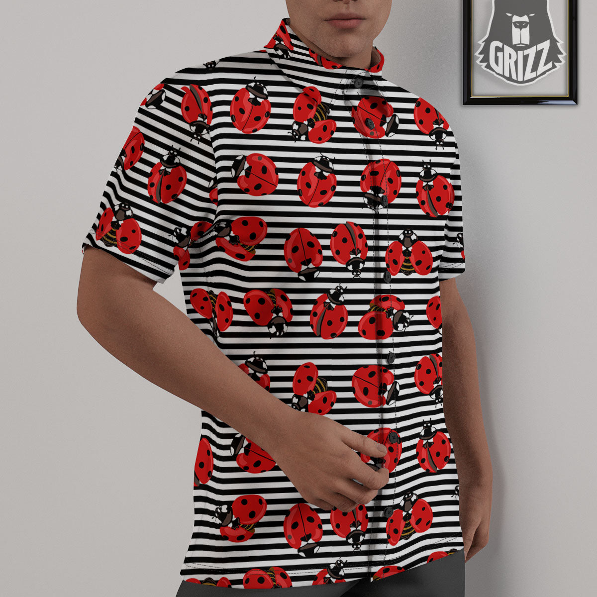Striped Ladybug Print Pattern Untucked Shirts-grizzshop