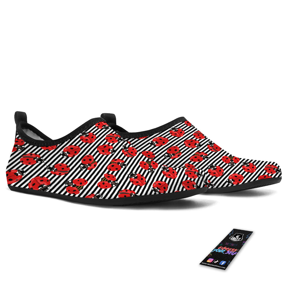 Striped Ladybug Print Pattern Water Shoes-grizzshop