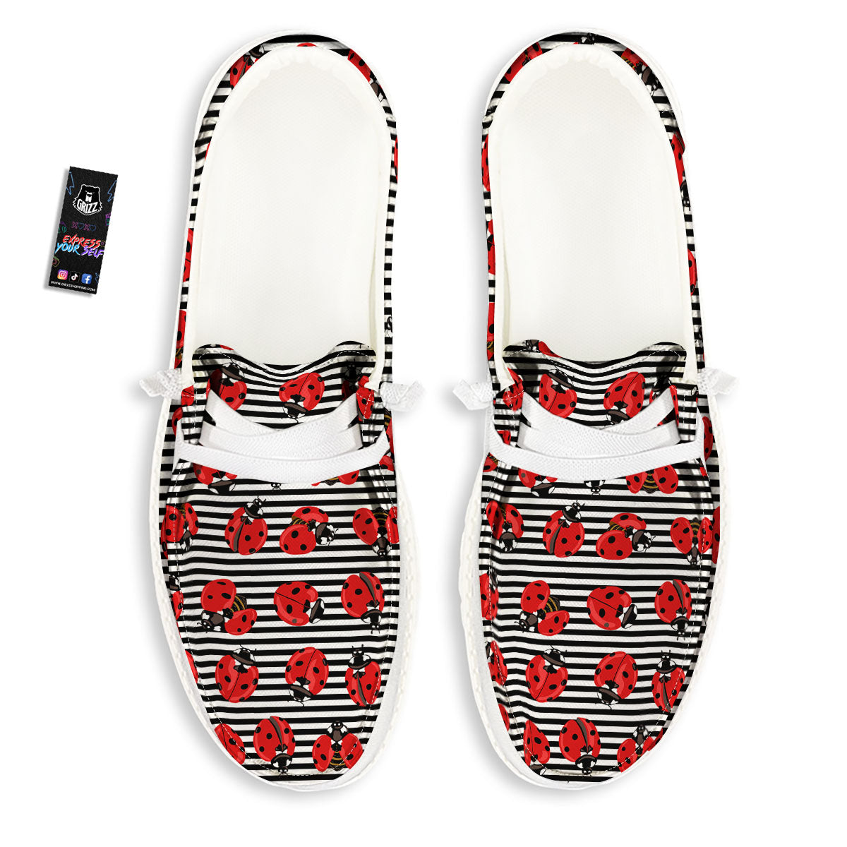 Striped Ladybug Print Pattern White Loafers-grizzshop