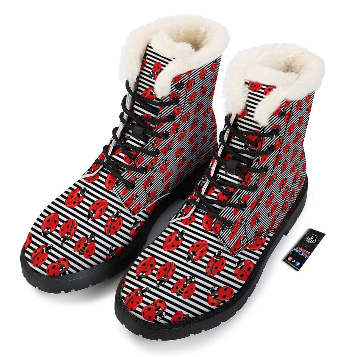 Striped Ladybug Print Pattern Winter Boots-grizzshop