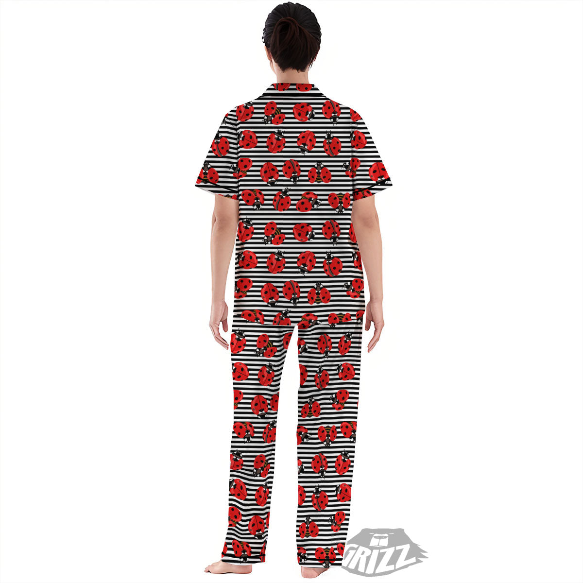 Striped Ladybug Print Pattern Women's Pajamas Set-grizzshop