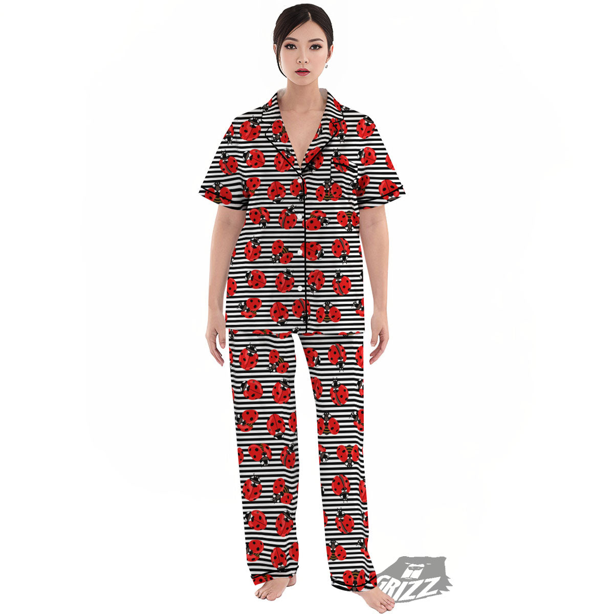 Striped Ladybug Print Pattern Women's Pajamas Set-grizzshop