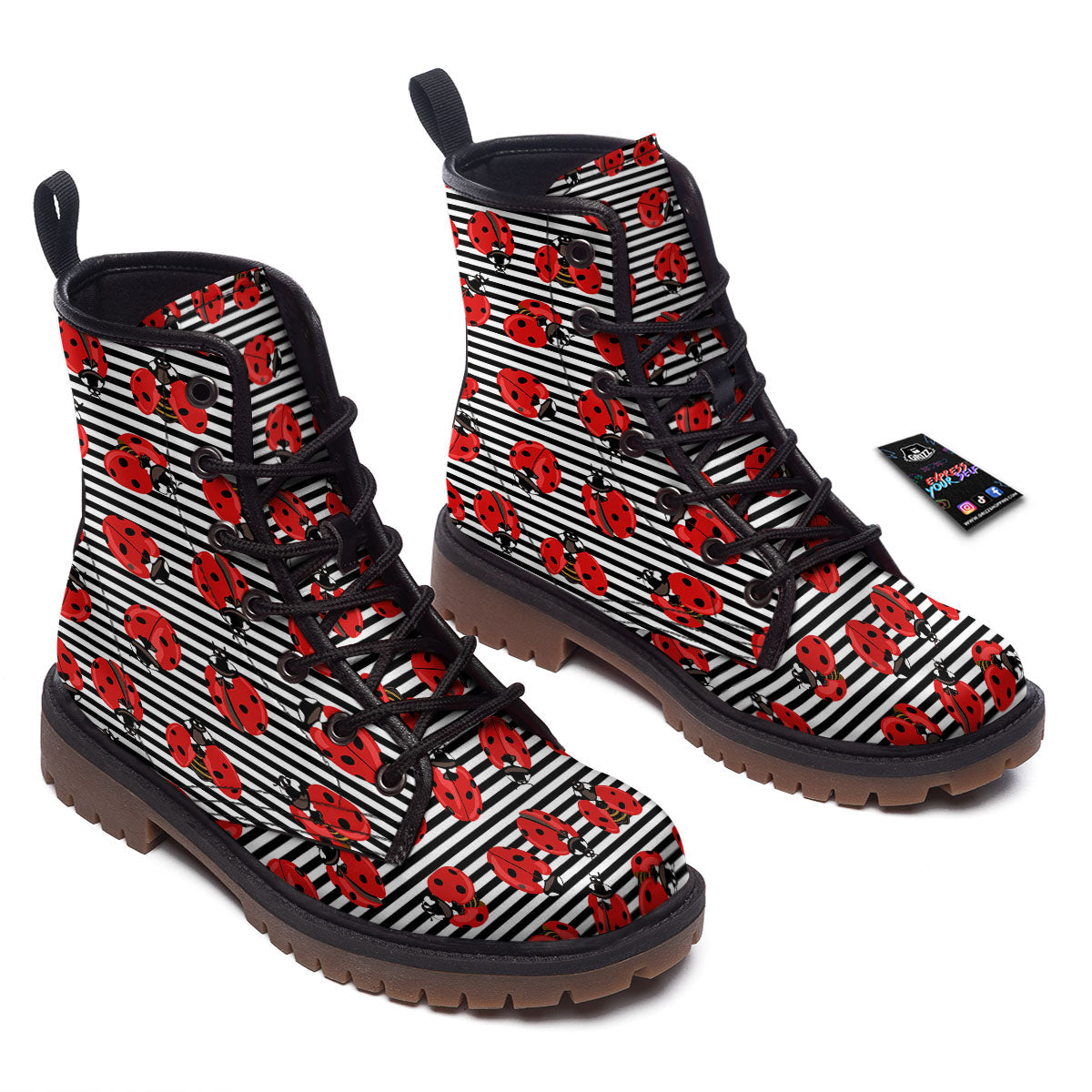 Striped Ladybug Print Pattern Work Boots-grizzshop