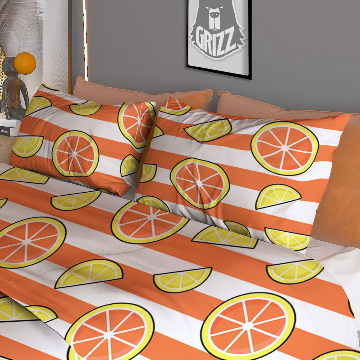 Striped Lemon And Orange Print Pattern Duvet Cover Bedding Set