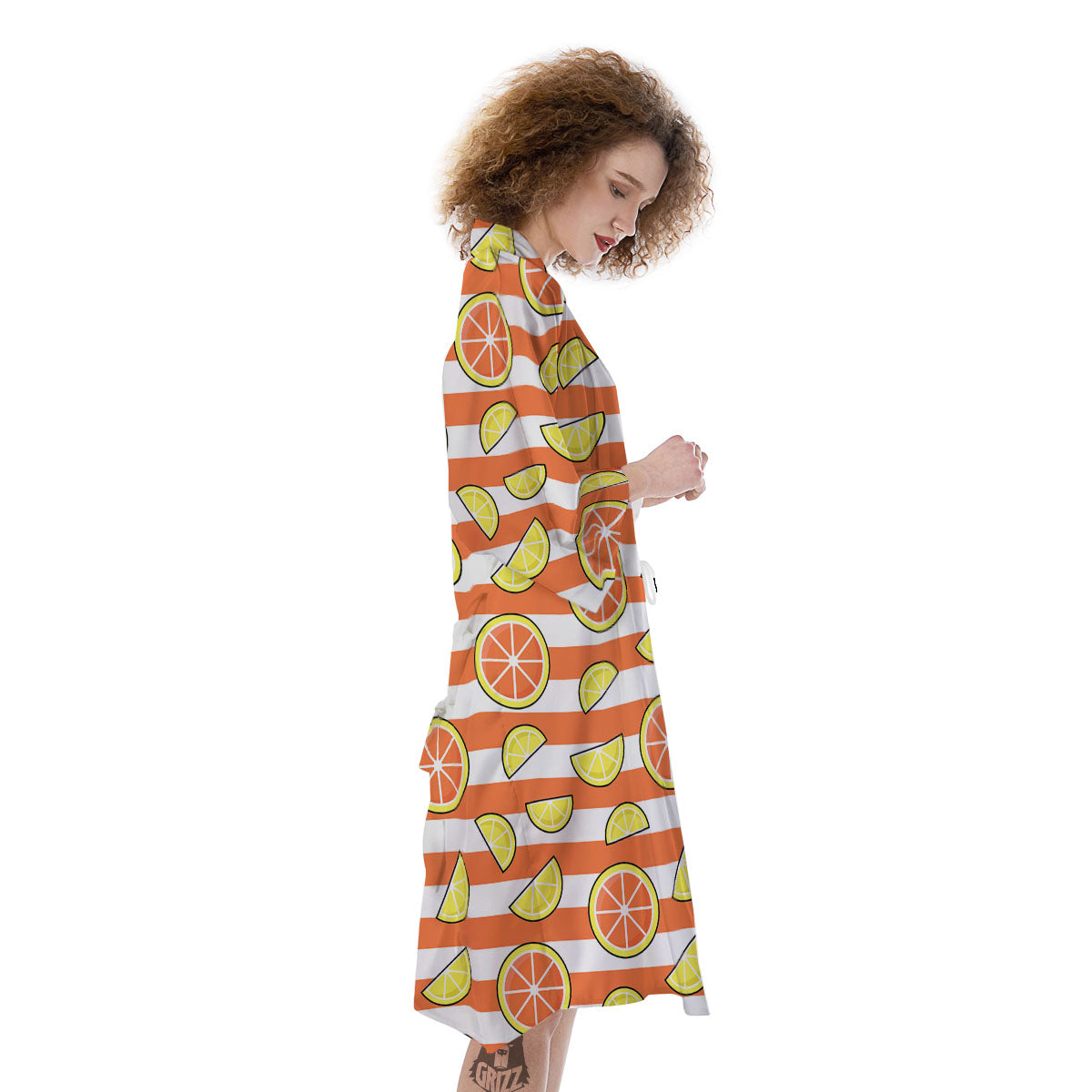 Striped Lemon And Orange Print Pattern Kimono-grizzshop