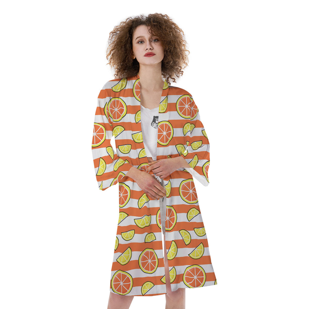 Striped Lemon And Orange Print Pattern Kimono-grizzshop