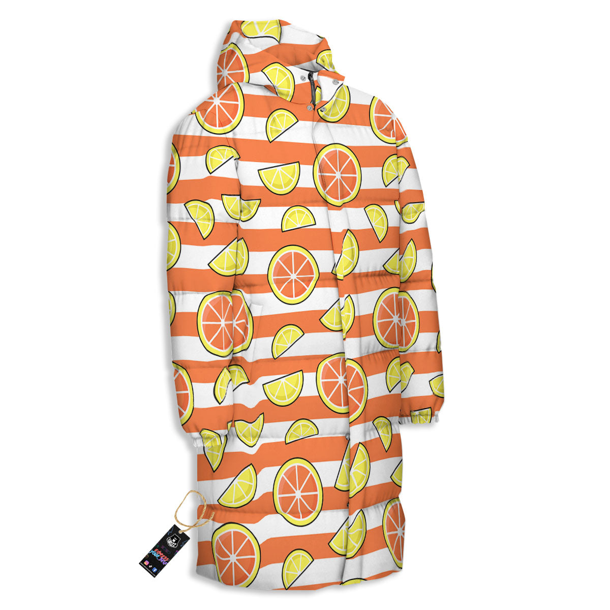 Striped Lemon And Orange Print Pattern Long Down Jacket-grizzshop