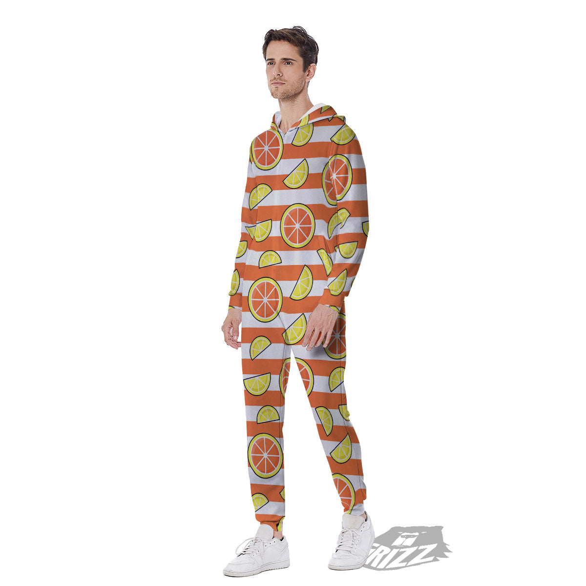 Striped Lemon And Orange Print Pattern Men's Jumpsuit-grizzshop