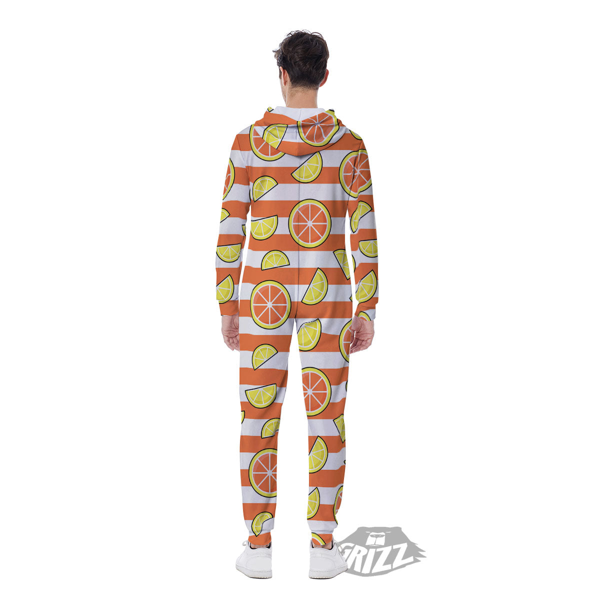 Striped Lemon And Orange Print Pattern Men's Jumpsuit-grizzshop