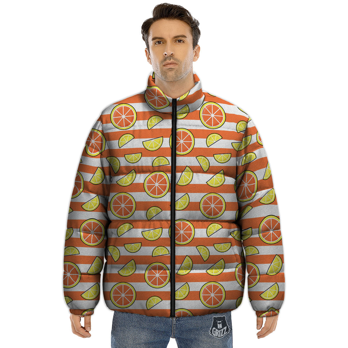 Striped Lemon And Orange Print Pattern Puffer Jacket-grizzshop